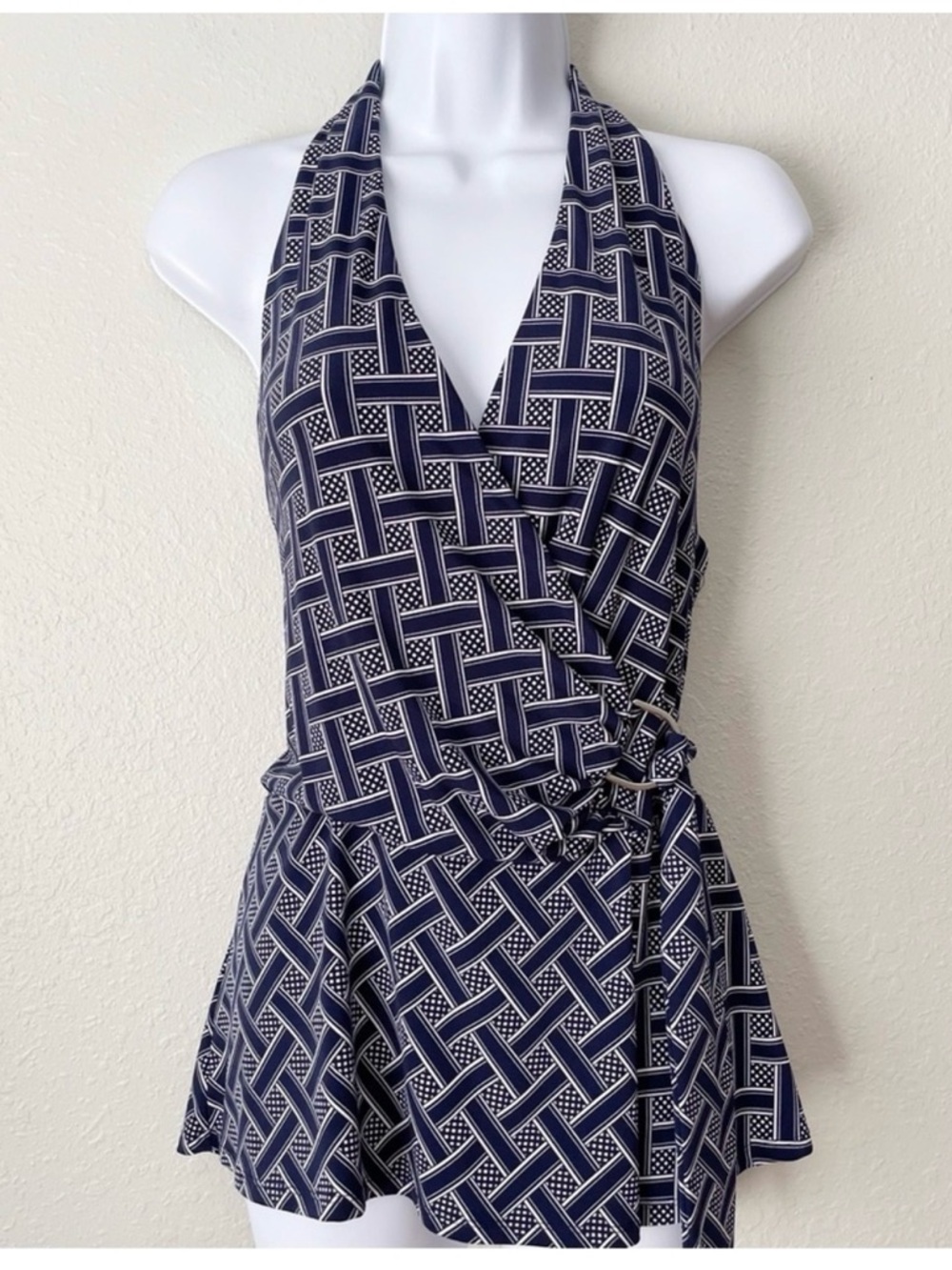 White House Black Market blue white  halter wrap tank top L